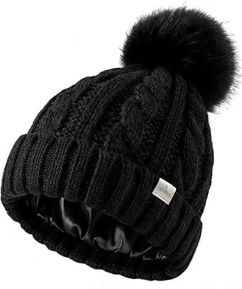 Yanibest Butter Satin Lined Pom Winter Beanie, cable-knit hat with detachable faux fur pom