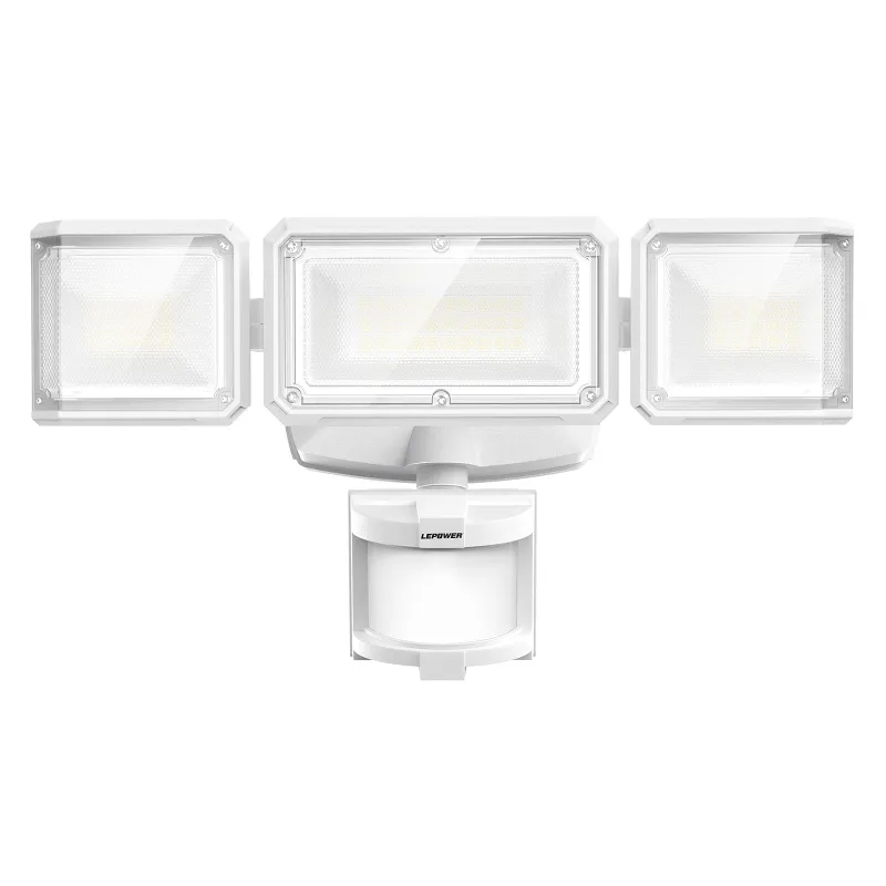 Lepower Tec Battery Motion Sensor Security Lights with three adjustable heads on outdoor surface