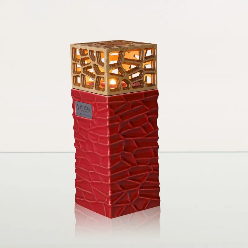 Pulvis Art Urns Everlasting Flame Cremation Urn for Ashes in red ceramic with wooden base and candle holder