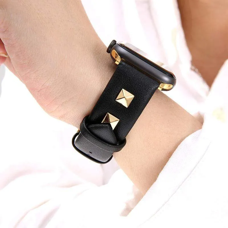 Techypop Studs Leather Designer Apple Watch Band in dark leather with studs