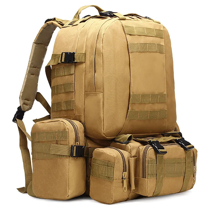 Falour Tour of Duty Outdoor 72 Backpack in tactical colorway showing front and side pouches