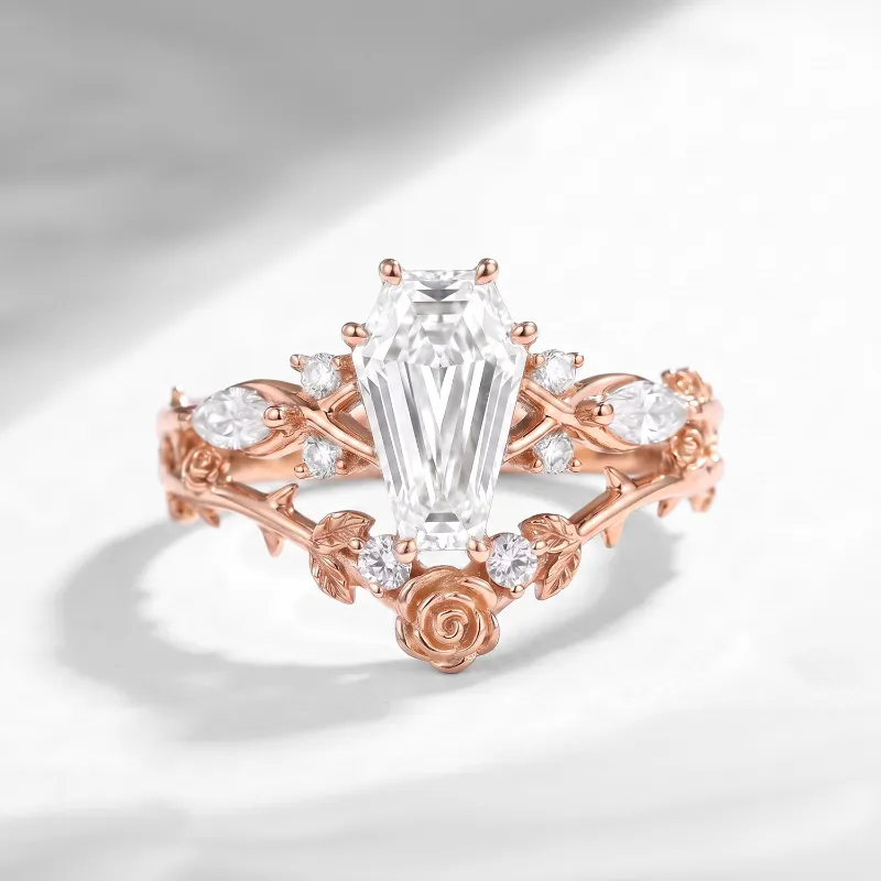 Starlandus Guarded Bloom coffin cut moissanite rose flower engagement ring set with thorn band