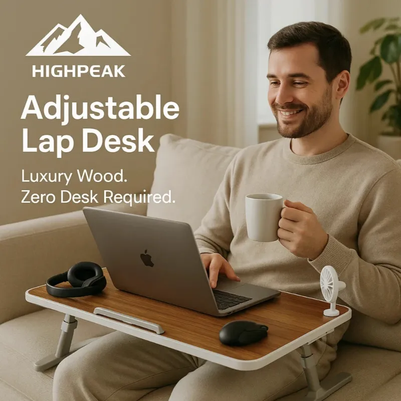 HighPeak Adjustable Lap Desk with cooling fan, LED light, and drawer used on a couch