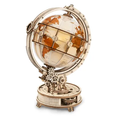 Varvikas 3D Wooden Mechanical Puzzle Kit Luminous Globe with glowing interior and visible gears