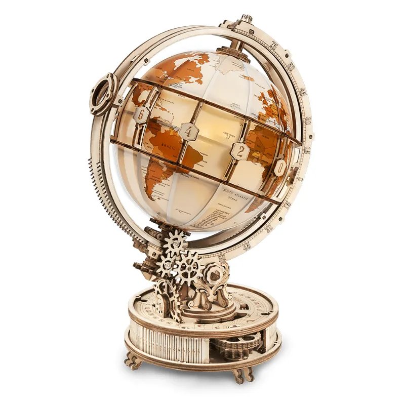 Varvikas 3D Wooden Mechanical Puzzle Kit Luminous Globe with glowing interior and visible gears