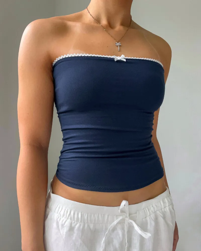 Bit By Angie Chase tube top in navy blue with lace trim