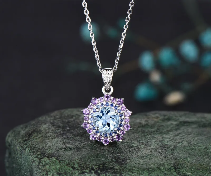 WillWork Jewelry 1ct round cut aquamarine necklace with double halo pendant