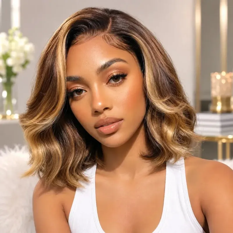 Hairsofly Shop (Jodie) Chocolate Brown Wavy Bob Human Hair HD Lace Front Wig, layered wavy bob with honey highlights on transparent lace