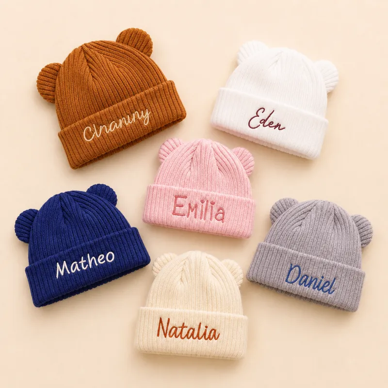 MamaRaya Personalized Baby Bear Beanie with ribbed knit texture and bear ears