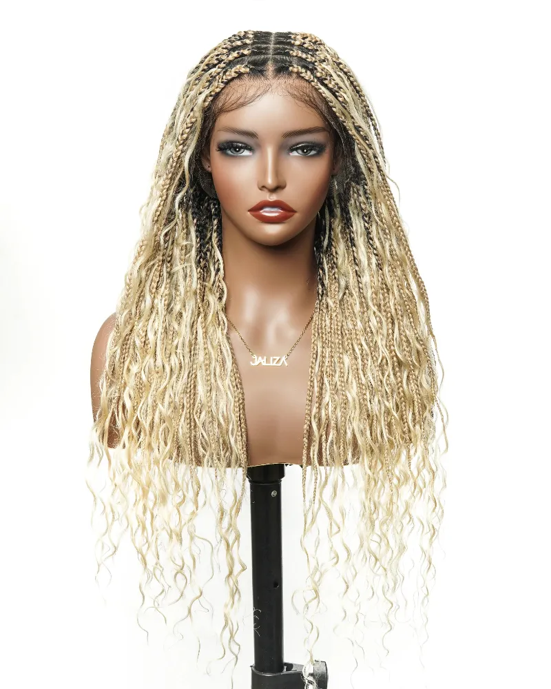 Jaliza 24 inch 613 Blond HD Full Lace Human Hair Boho Curls Colored Boho Box Braided Wig in platinum blonde