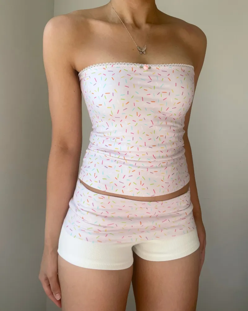 Bit By Angie Birthday girl foldover set in Baby pink showing tube top and shorts