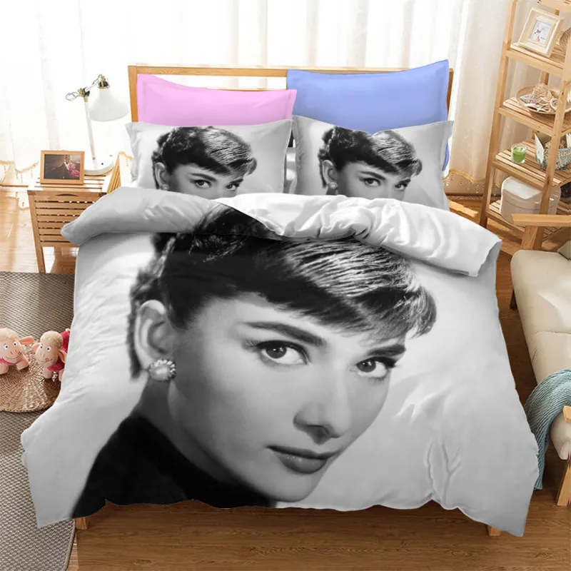 EBuycos Audrey Hepburn Cosplay Bedding Set Quilt Cover Without Filler on a bed