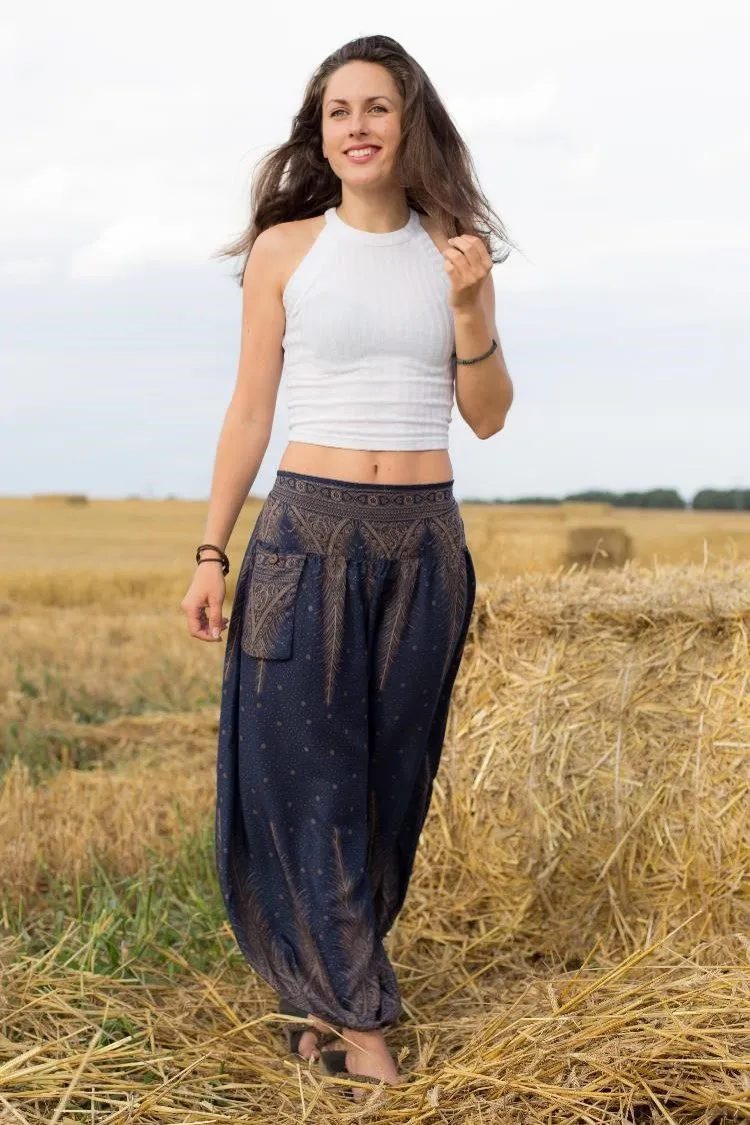 Hippie Pants Navy Blue Feather Pants, bamboo rayon pants with peacock feather and dot patterns