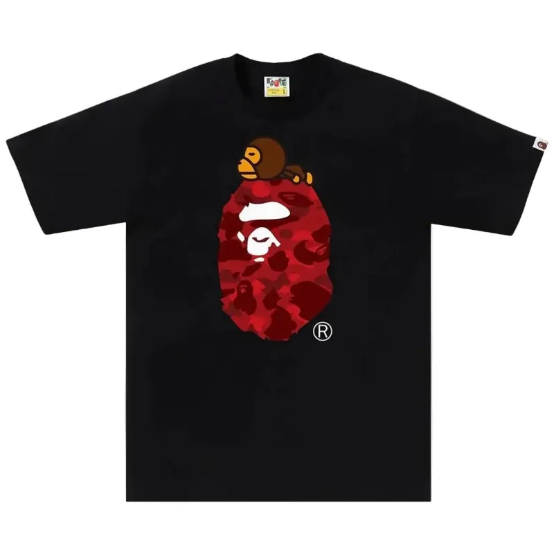 AfewVibe Bape Color Camo Milo On Big Ape Tee Black Red showing Baby Milo with red camo on black crewneck