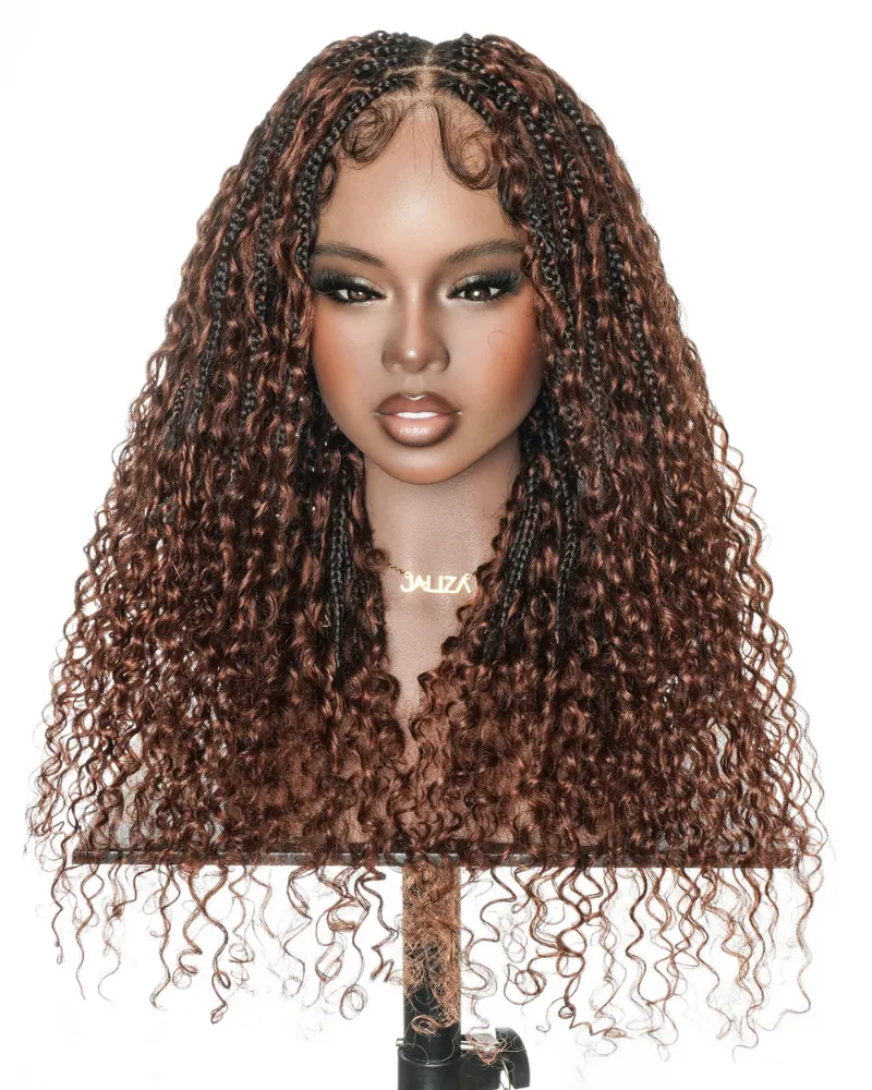 Jaliza Lulu 22 inch Color #33 Pre Bleached Swiss HD Full Lace Bora Bora Braided Wig in rich auburn with voluminous curls
