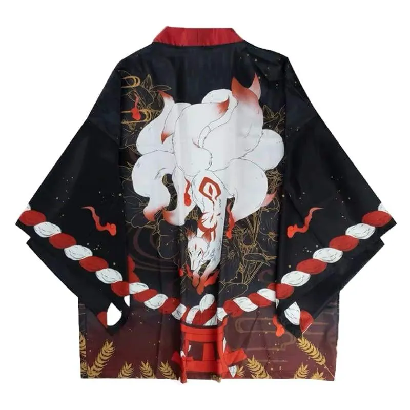 Foxtume Nine Tailed Fox Kimono Cardigan featuring white fox design on haori