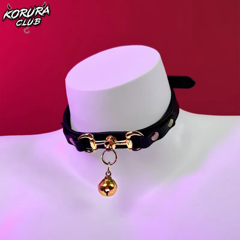 Koruraclub Bell Collar Leash Accessory KA08 black PU leather collar with bell and leash