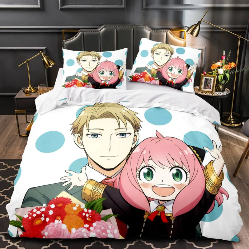 EBuycos Anime SPY×FAMILY Bedding Set Kids Quilt Cover Without Filler, showing manga character design on navy duvet