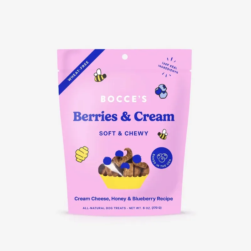 Bocce's Bakery Berries & Cream Soft & Chewy Dog Treats with blueberries