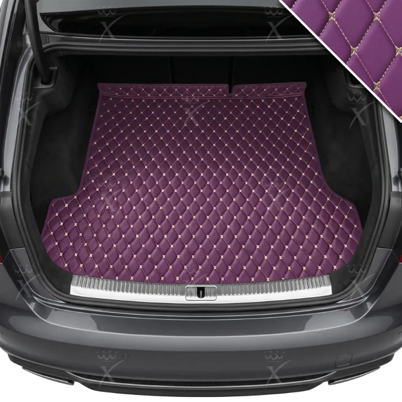 Luxus Car Mats Diamond Base Series trunk mat in Lavender Purple showing diamond-stitched leather and full cargo coverage