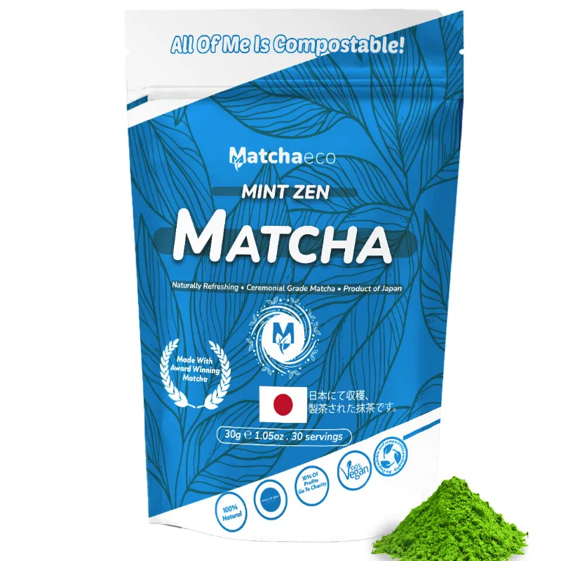 Matchaeco Peppermint 'Mint Zen' Matcha, a 30g compostable pouch of mint matcha powder