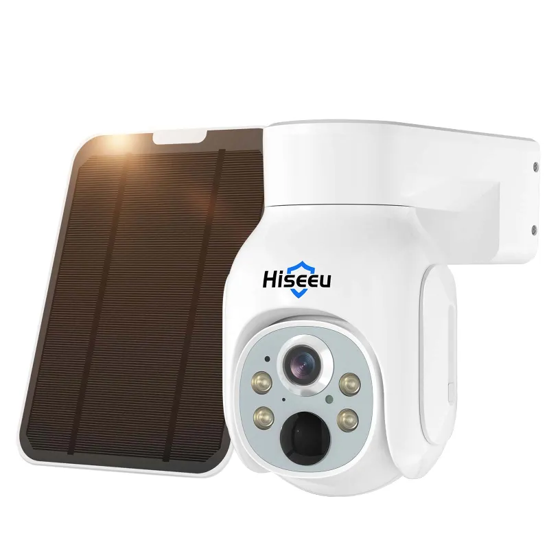 Hiseeu 4MP Solar PTZ 360° View Wireless Battery Camera, white camera with solar panel on weatherproof mount