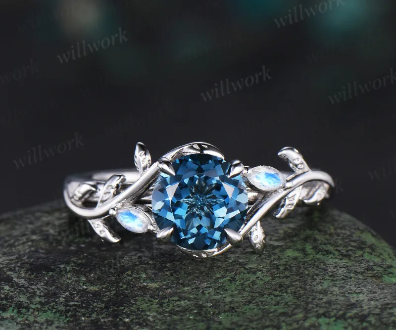 WillWork Jewelry 1ct round cut London blue topaz Engagement Ring 14k white gold with moonstone accents