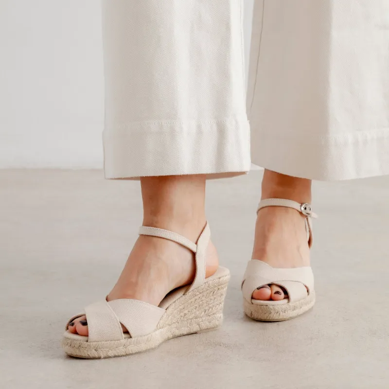 BIANKINA Taggia Organic Canvas Eco Vegan Espadrille Wedges in beige with criss-cross straps