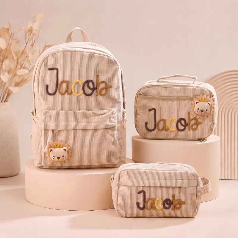 MamaRaya Personalized Kids School Set showing matching backpack, lunch bag and pencil case with custom name