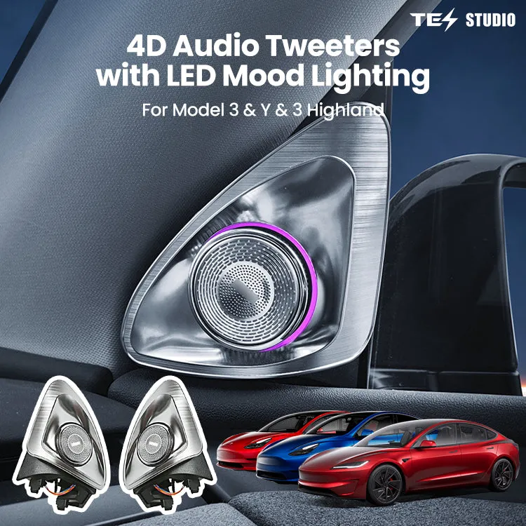 Tesstudio 4D Rotating Tweeter Speakers with LED Ambient Light showing illuminated speaker housing