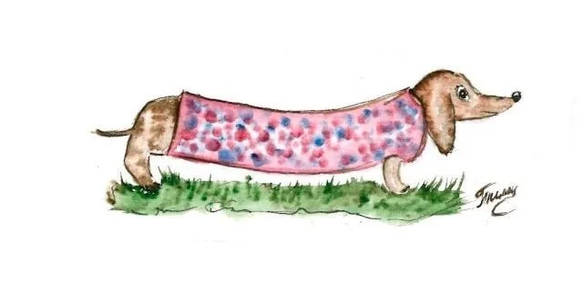 Varvikas 5D Diamond Painting 17х22 cm, Dachshund Lulu (X002e) showing dachshund in polka-dotted pink and blue sweater on green grass
