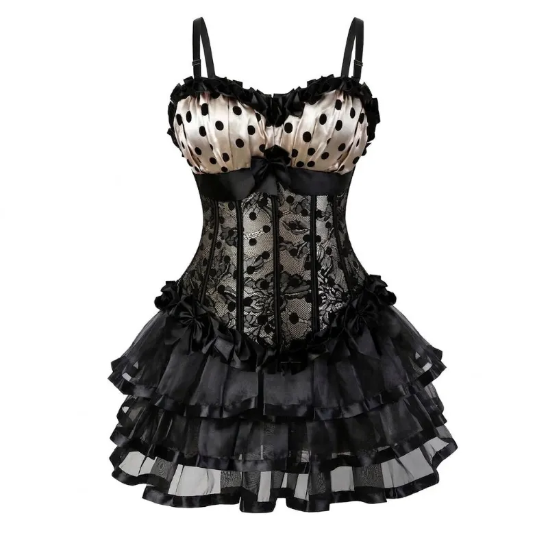 Shoptery Jirai Kei Polka Dot Corset Dress with Layered Tulle Skirt featuring floral jacquard and lace-up back