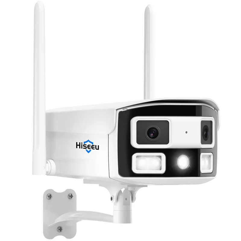 Hiseeu 2.4/5G WiFi Pro 4MP Dual Lens Wireless Outdoor Camera mounted on corner
