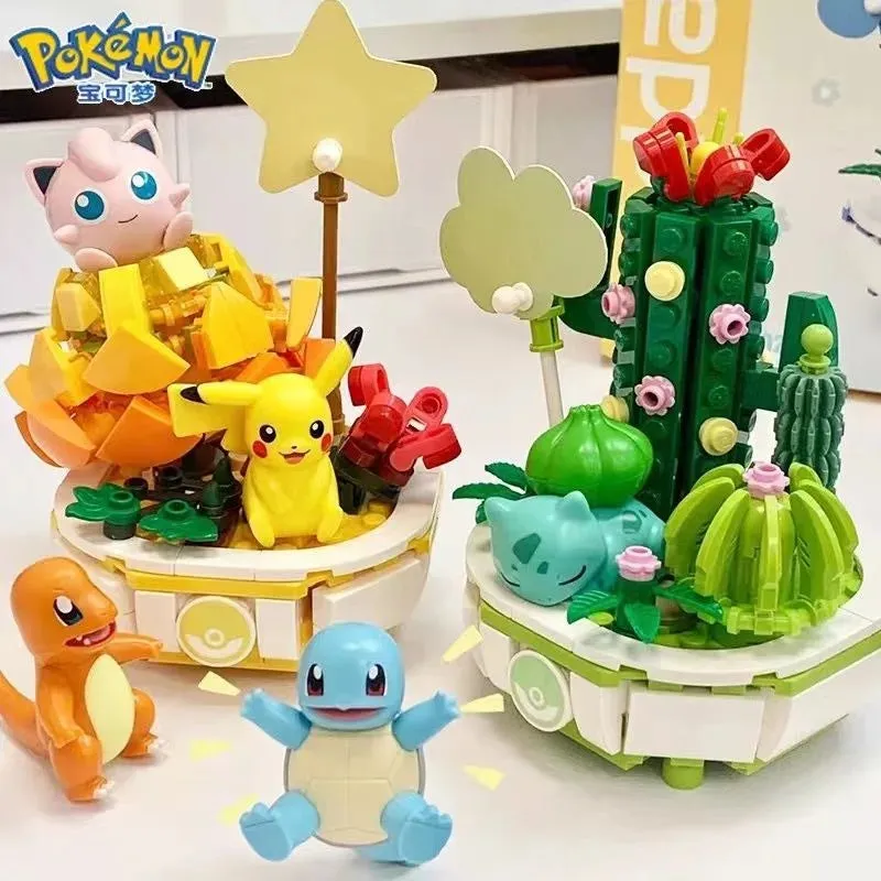 Animeancy Anime Pokemon Series Building Block Creative Potted Pikachu Bulbasaur Charmander Model showing brick construction pieces