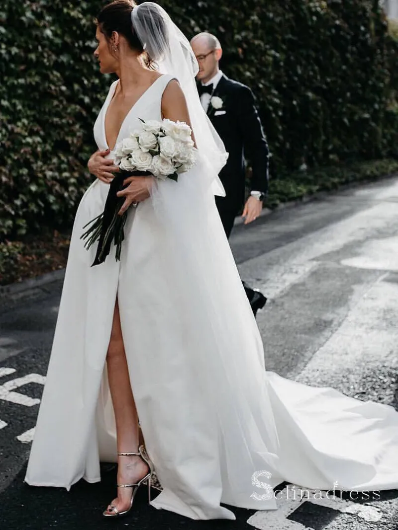 Selinadress A-line Deep V neck Thigh Split Satin Wedding Dresses Bridal Gowns, satin gown with slit