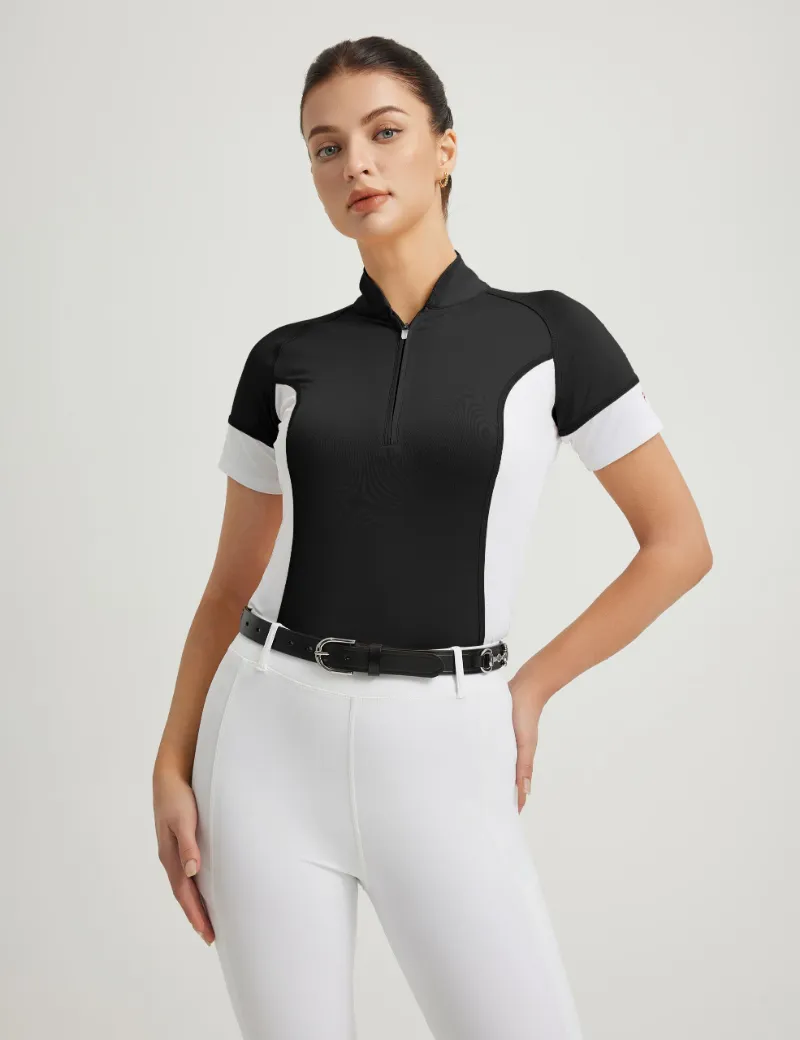 FiTST4 Women T-shirt Color-blocking Stand Collar with zipper and brand logo on sleeve
