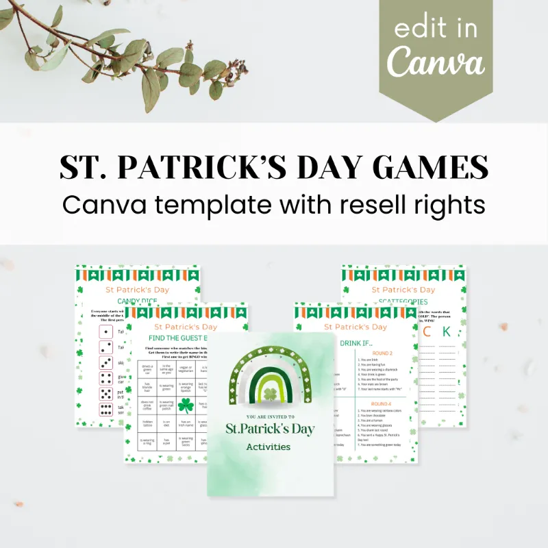 Purpose PLR St. Patrick's Day Games Templates showing Canva-editable game designs