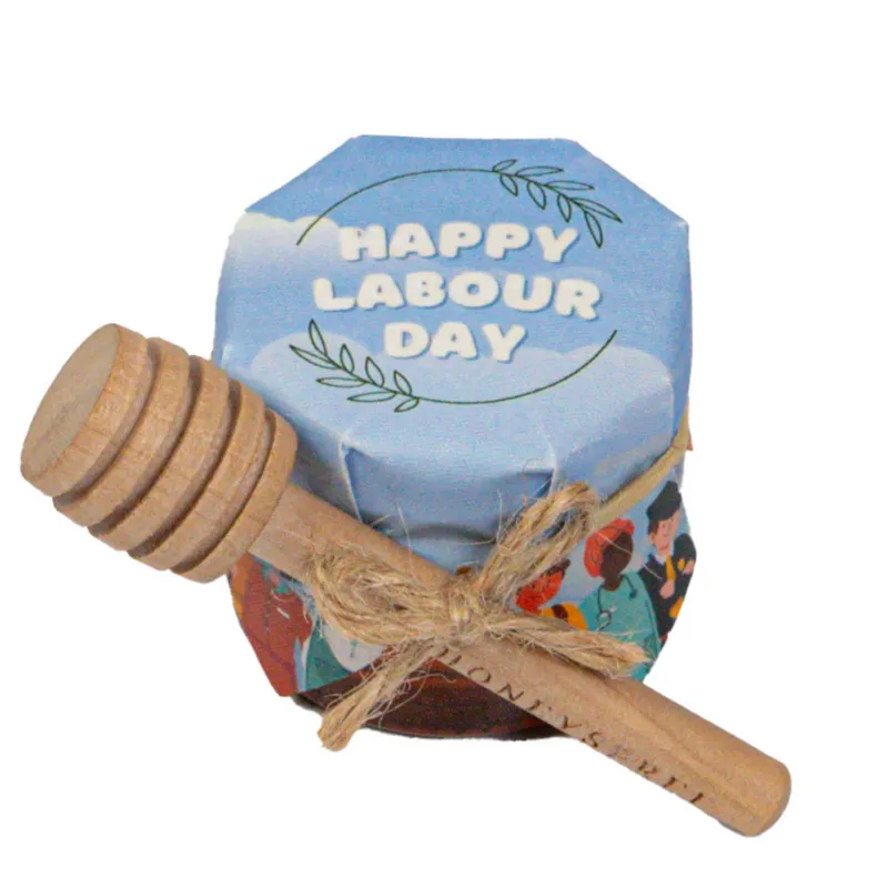 HoneySpree Happy Labour Day With Dipper, mini honey jar with wooden dipper shown