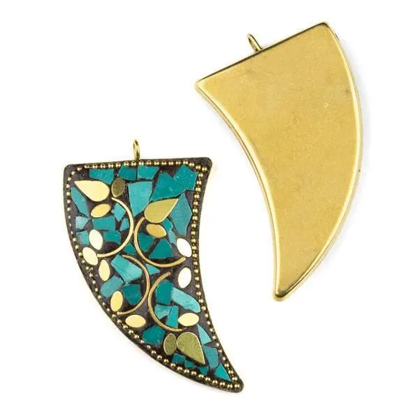 Cherry Tree Beads Tibetan Brass Tusk Pendant with turquoise howlite inlay and brass leaves, 35x64mm