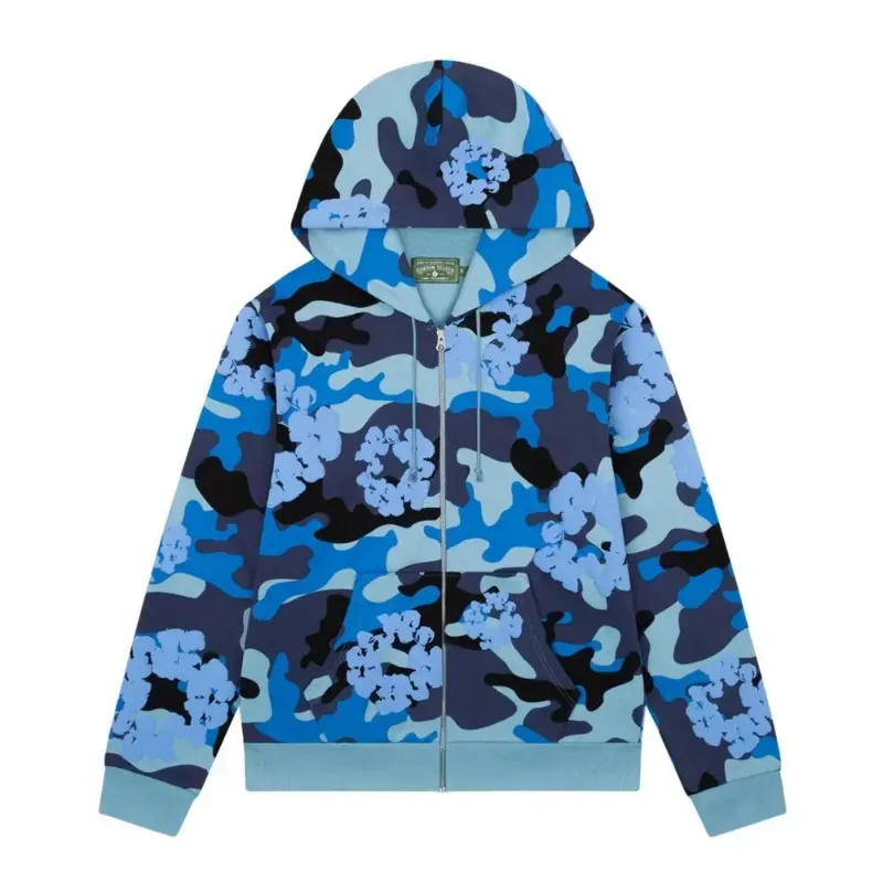 AfewVibe Denim Tears The Cotton Wreath Zip Sweatshirt Blue Camo, blue camo hoodie front view