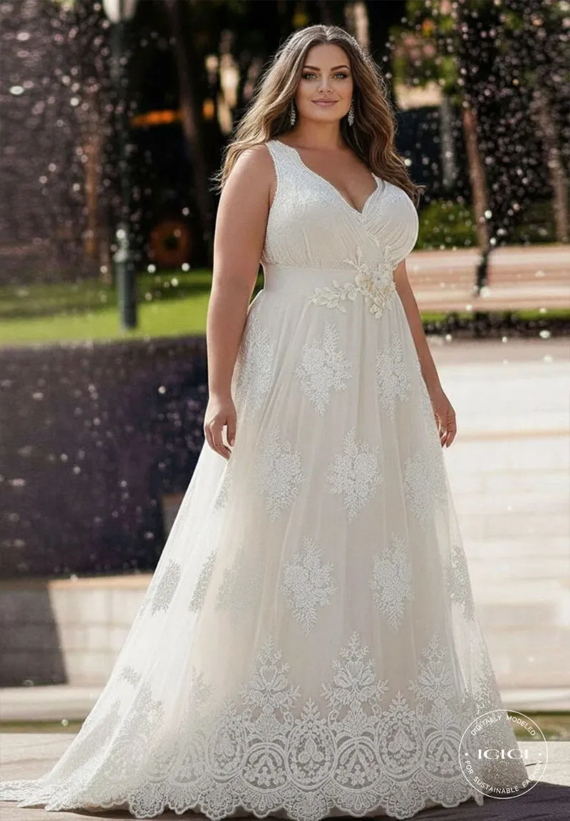 IGIGI Frederika Plus Size Lace Wedding Gown In Ivory showing full skirt and lace bodice