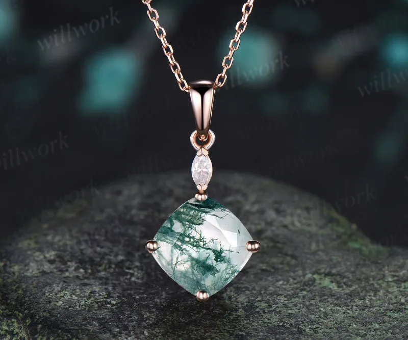WillWork Jewelry 2ct cushion cut green moss agate necklace 14k rose gold two stone marquise moissanite pendant, side angle