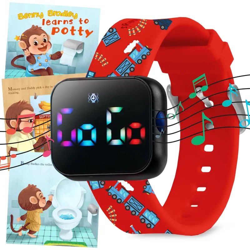 Benny Bradley's Potty Training Watch with eBook in train design, showing watch face and silicone strap
