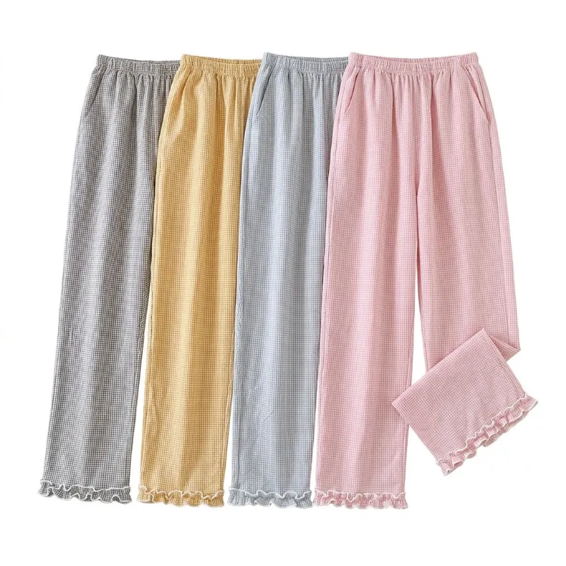Shoptery Fairy Kei Pastel Gingham Ruffle-Hem Lounge Pants in muted plaid with cropped relaxed fit