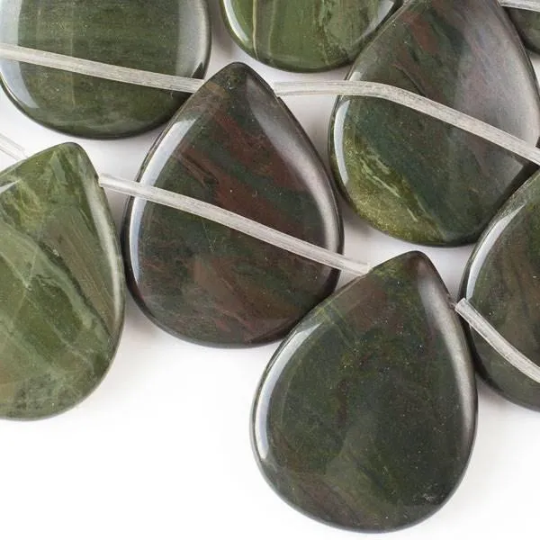 Cherry Tree Beads African Green Jasper 35x45mm top-drilled teardrop beads on a 16 inch strand