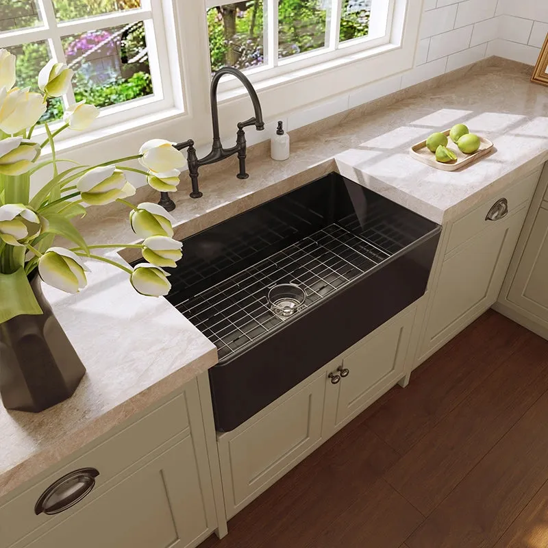 HOROW 33 Inch Sink With Grid and Basket Strainer black farmhouse kitchen sink with grid and strainer