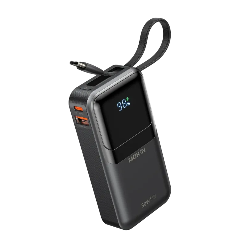 MOKiN 10,000mAh Portable Power Bank with built-in USB-C and iOS cables