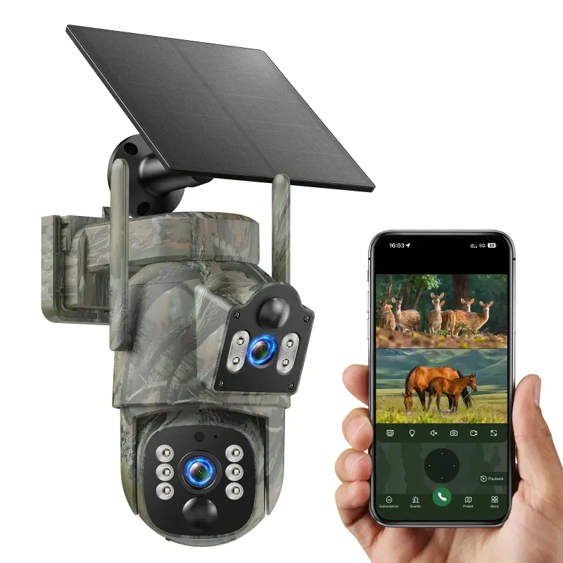 Voopeak TC39 dual lens trail camera mounted outdoors with solar panel