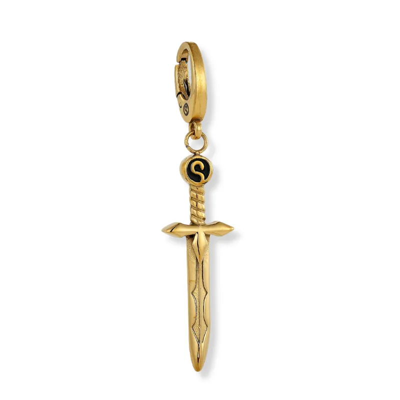 Sleek Fit Jewelry Cronus Sword Pendant - Gold, a bold gold plated sword charm shown against a neutral backdrop