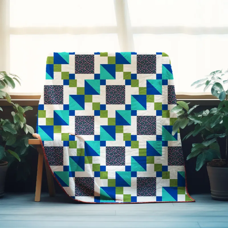 Boho Blanket Modern Mosaic Quilt Pattern, showing a large modern mosaic quilt with layered color and texture
